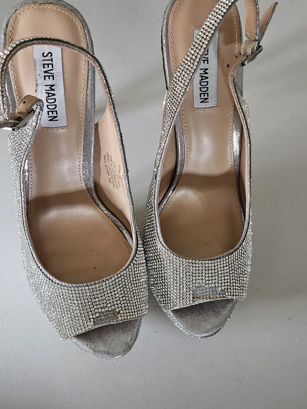 Steve Madden Silver Rhinestone Slingback Peep Toe Heels